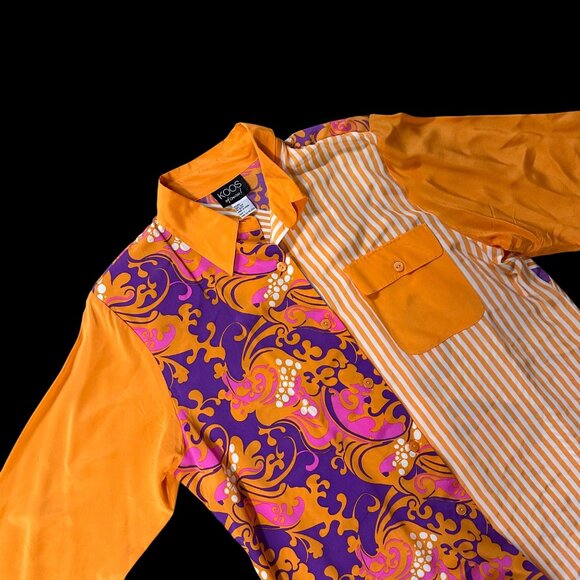 Koos Of Course! Tops - Vintage Silk Shirt 1990s Womens Orange Purple Striped Floral L Koos Of Course!